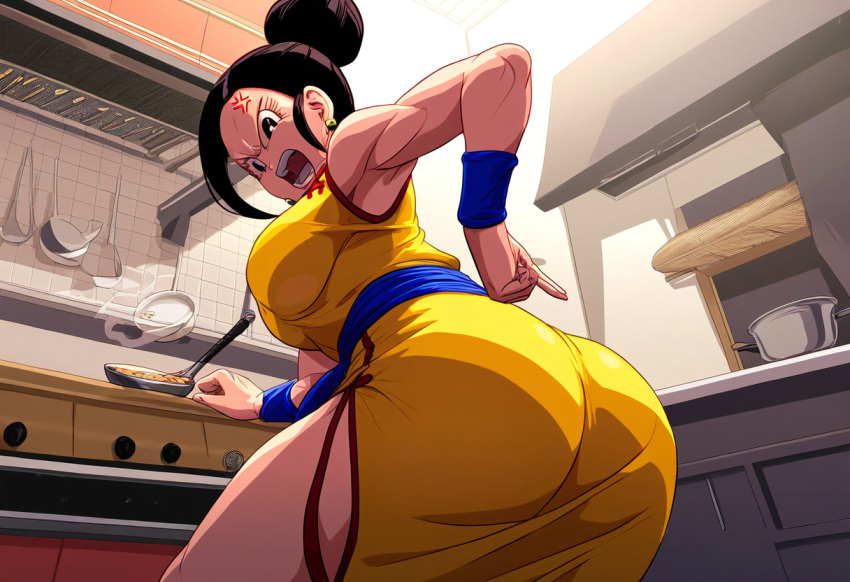 ai_generated anger_vein angry ass_focus cel_shading chichi china_dress cooking dragon_ball_z highres huge_ass milf self_upload selvokaz