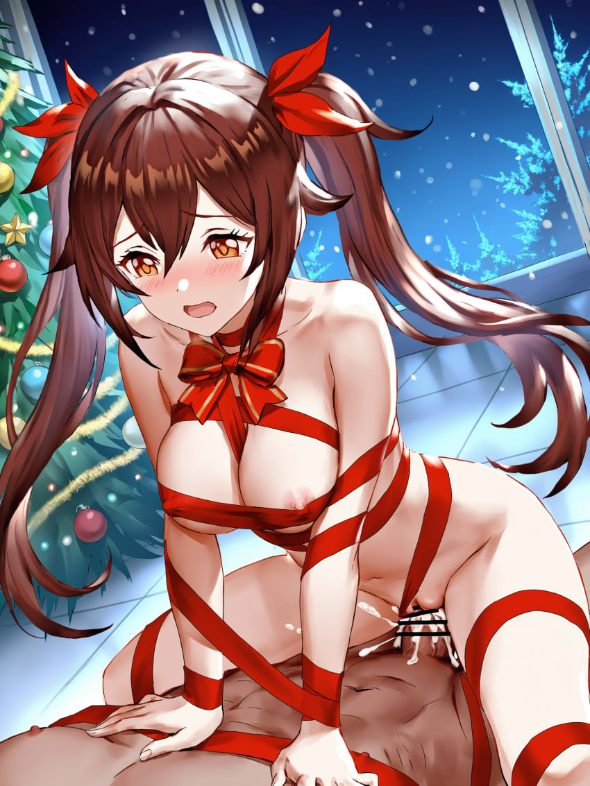 1boy 1boy1girl 1girls absurd_res ai_generated christmas cum cum_in_pussy cum_inside dark-skinned_male genshin_impact gift half_naked hu_tao_(genshin_impact) medium_breasts ministro nipples on_top pussy raped red_ribbon ribbon ribbon_bondage ribbons sex tree visible_nipples