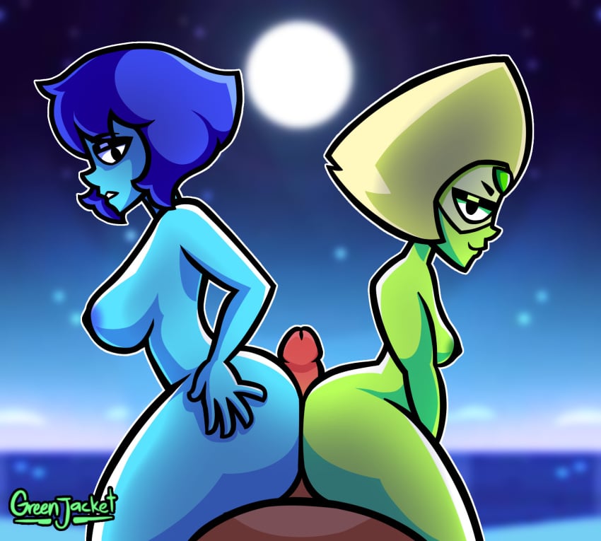 2girls ass assjob big_ass big_breasts green_jacket_(artist) lapis_lazuli_(steven_universe) looking_at_viewer nipples nude penis peridot_(steven_universe) steven_universe