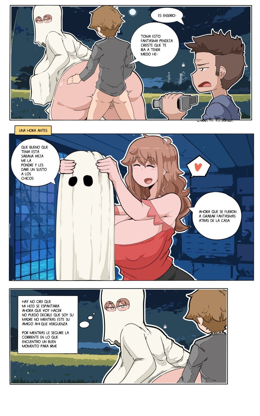 big_ass big_breasts blanket comic comicomryu delicia_(comicomryu) doggy_style ghost_costume incest mother_and_son penetration recording spanish_text wide_hips