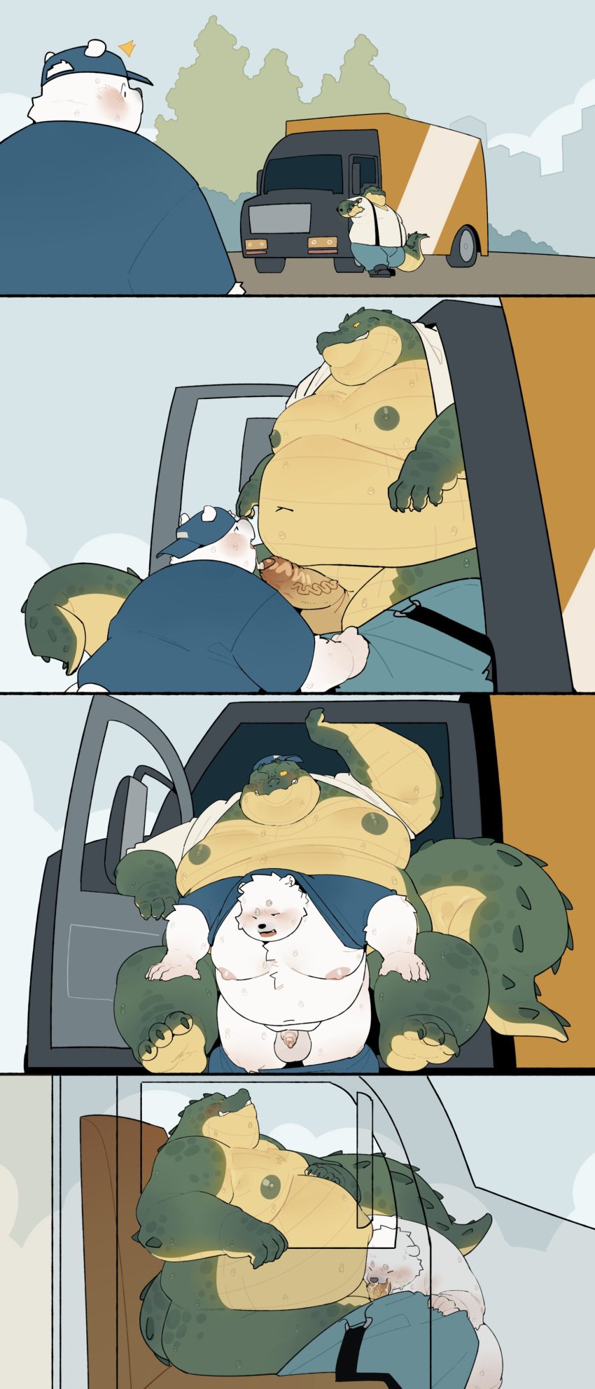 2024 3_toes absurd_res alligator alligatorid anal anthro balls bear belly big_belly bottomwear car clothing comic crocodilian duo erection feet genitals green_body hat headgear headwear hi_res kemono male male/male mammal moobs nipples oral outside overweight overweight_male pants penis penis_size_difference polar_bear quanjiang reptile scalie sex shirt sitting toes topwear ursine vehicle white_body