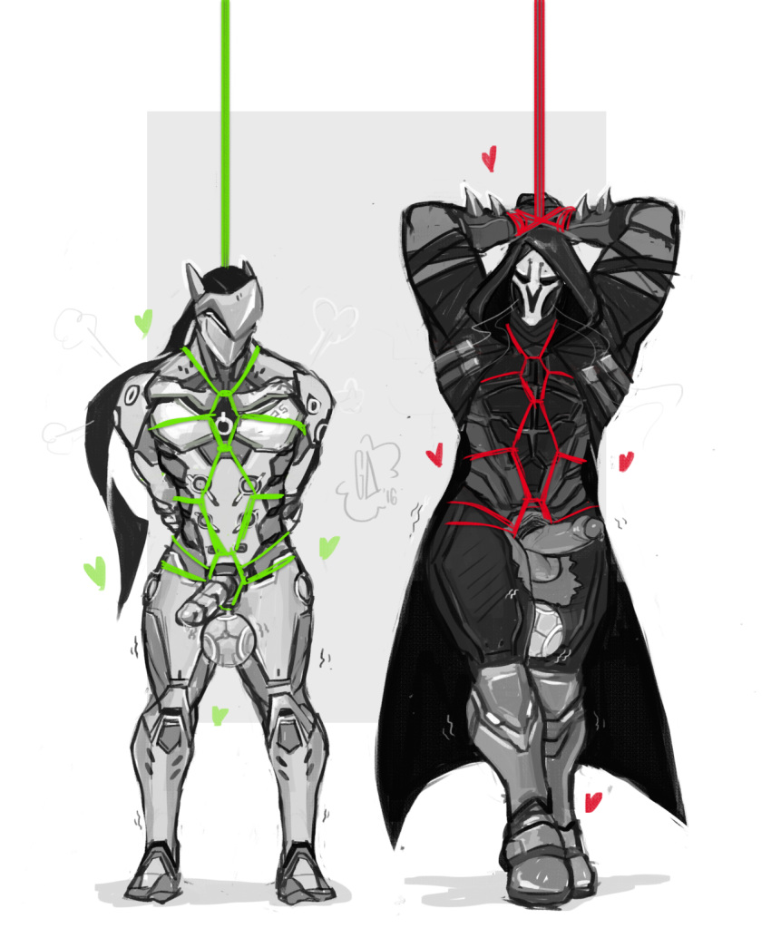 2boys ball_stretching ball_weight balls cock_and_ball_torture erection filthyalebrije full_body genji male_only mask monochrome multiple_boys overwatch overwatch_2 penis reaper restrained rope torn_clothes undressing yaoi