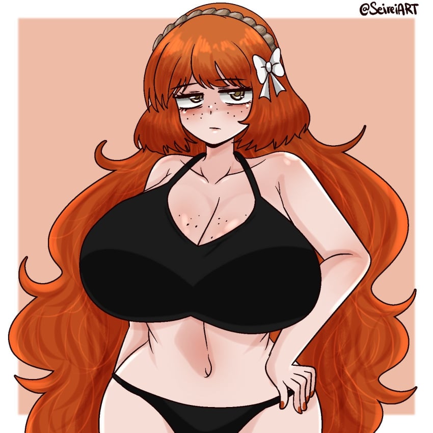 artist_name black_bra blush bra breasts breasts_bigger_than_head cleavage collarbone freckles freckles_on_breasts freckles_on_face gigantic_breasts hair_ribbon hairband hand_on_hip huge_breasts ishmael_(limbus_company) limbus_company lingerie long_hair looking_at_viewer navel orange_hair painted_nails panties project_moon seireiart solo underwear very_long_hair white_border yellow_eyes