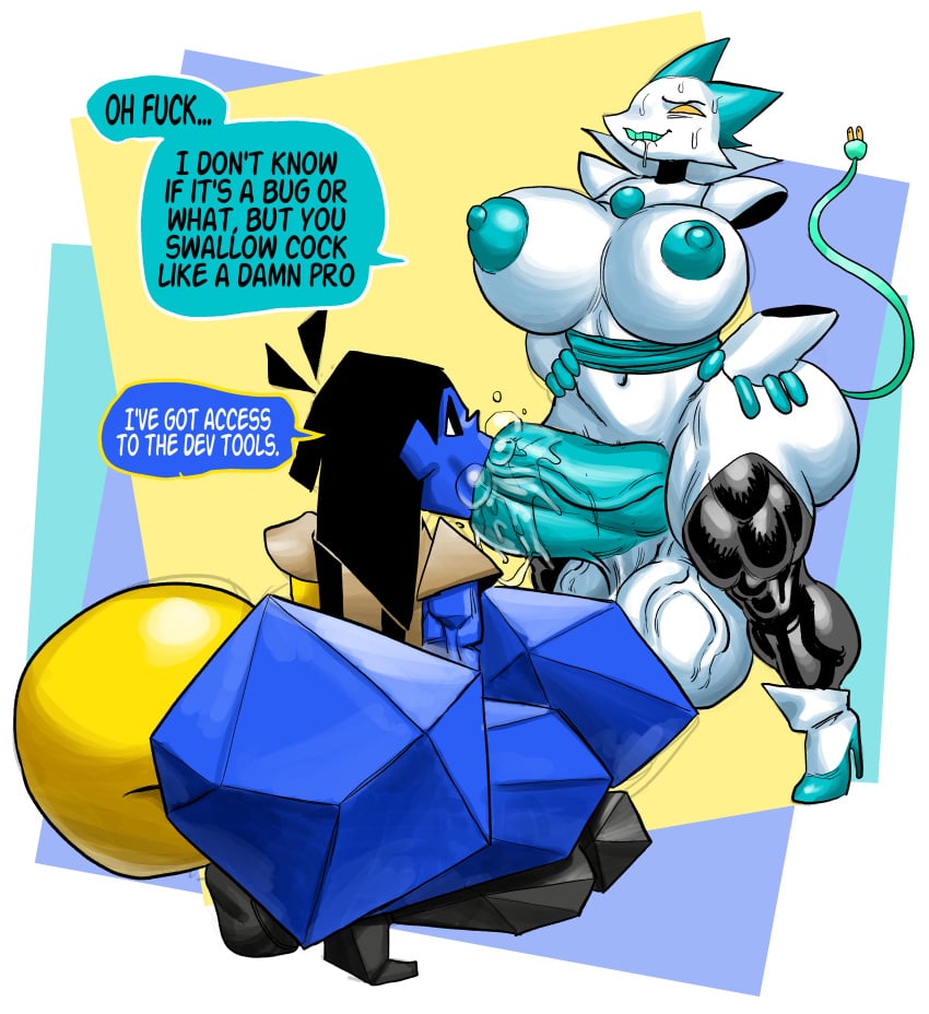 absurd_res anthro areola ass balls big_balls big_breasts big_butt big_penis black_eyes black_hair blue_areola blue_nipples bodily_fluids boots breasts clothing crouching darkner deltarune duo ellipsis ena_(joel_g) english_text felid fellatio floating_hands footwear ftg_crossgender fti_crossgender genitals goudadunn gynomorph hair hi_res high_heeled_boots high_heels huge_balls huge_breasts huge_butt huge_cock humanoid hyper hyper_balls hyper_genitalia hyper_penis intersex intersex/intersex machine mammal multicolored_body nipples oral penile penis profanity robot rule_63 saliva sex shoes speech_bubble tasque_manager text two_tone_body undertale_(series) vein veiny_balls white_body yellow_eyes