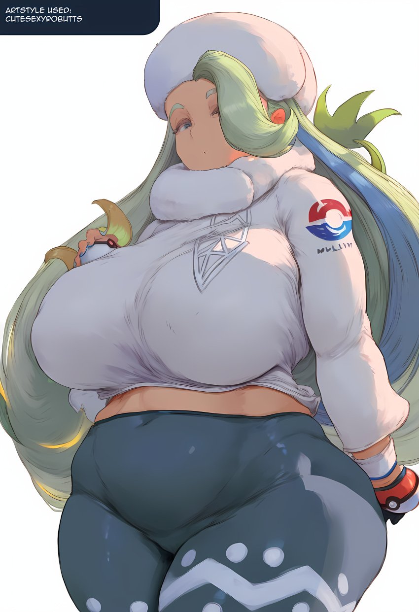 ai_generated big_breasts blue_eyes green_hair hellsonger melony_(pokemon) pokemon solo solo_female standing staring_at_viewer tagme text