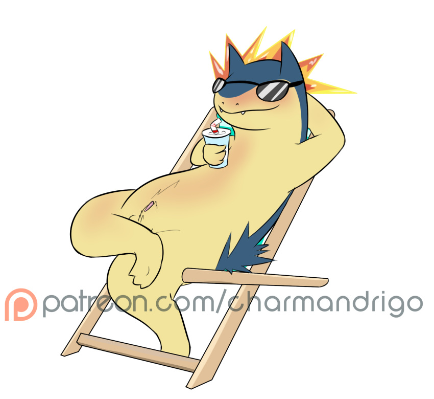 1boy 2016 anthro beverage chair charmandrigo eyewear feral fur male male_only mammal nintendo nude penis pokemon pokemon_(species) relaxing solo sunglasses typhlosion video_games