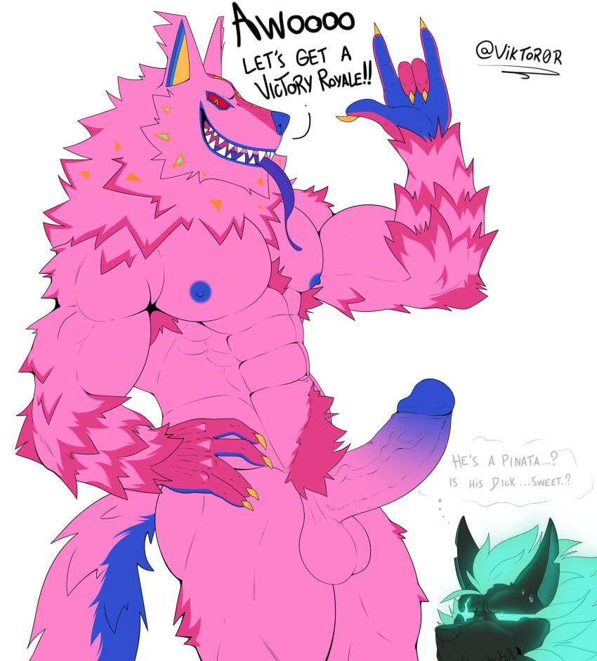 2024 abs alebrije andy_fangerson anthro artist_name ass balls bodily_fluids canid canid_demon canine canis cerberus cerberus_(fortnite) demon devil_horns_(gesture) dialogue duo english_text epic_games european_mythology fortnite fur genitals gesture greek_mythology hand_gesture hand_on_hip hellhound hi_res male mammal multi_head muscular muscular_anthro muscular_male mythological_canine mythological_creature mythology notched_ear nude pecs penis pink_body pink_fur pubes ruff signature simple_background solo_male sweat sweatdrop text thought_bubble tongue tongue_out viktor0r wolf