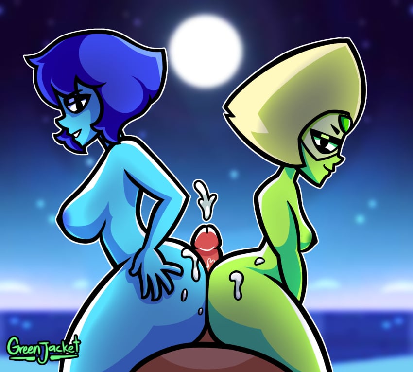 2girls ass assjob big_ass big_breasts buttjob cum cum_on_ass cumshot double_buttjob green_jacket_(artist) lapis_lazuli_(steven_universe) looking_at_viewer nipples nude penis peridot_(steven_universe) steven_universe