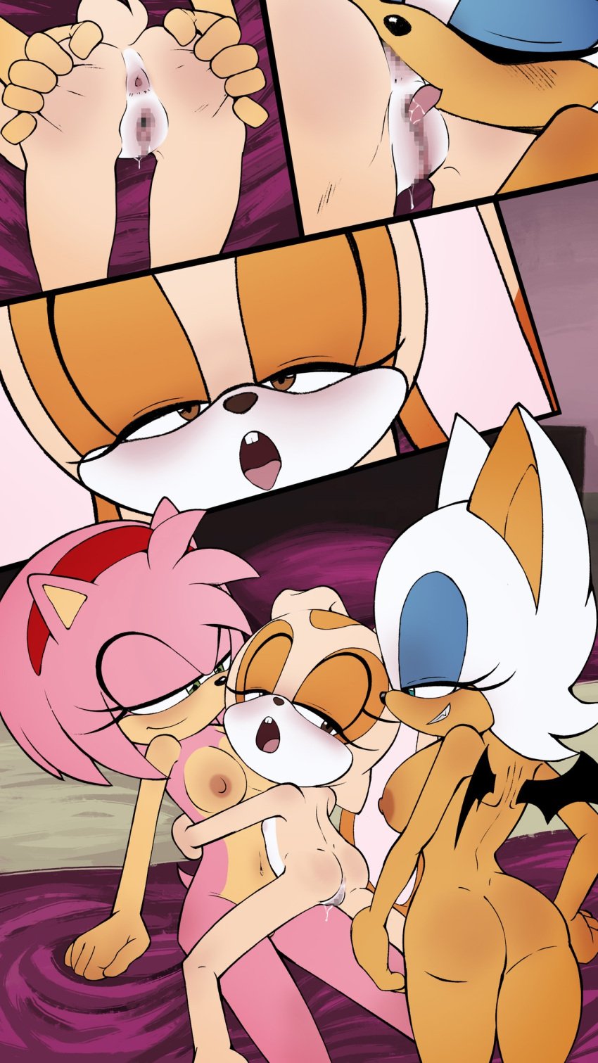 3girls amy_rose censored comic cream_the_rabbit cub cunnilingus female_only flat_chest g_reaper large_breasts licking_pussy naked_female oral_sex rouge_the_bat rubbing_pussy small_breasts sonic_(series) threesome yuri