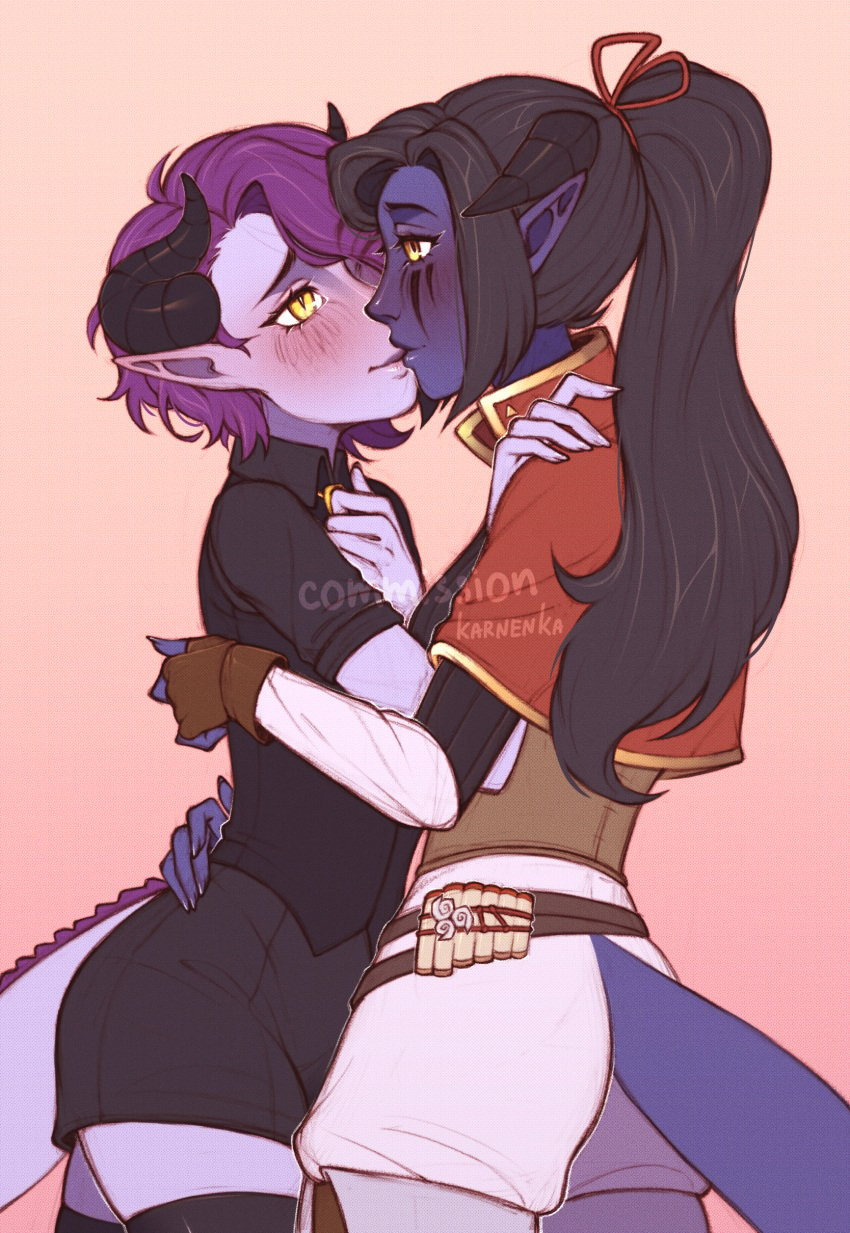 awkward bard big_ass black_hair commission demon demon_girl girls_only hairbow horns karnenka kissing lesbian_kiss oc original_character ponytail purple_body purple_hair short_hair shy tiefling tiefling_girl yellow_eyes yuri