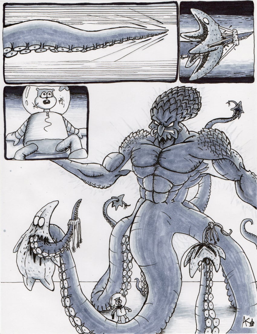 absurd_res anthro asterozoan brain cephalopod clothed clothing comic echinoderm female gore gun hi_res holding_gun holding_object holding_ranged_weapon holding_weapon larger_male male mammal marine mollusk monochrome muscular muscular_male nickelodeon organs patrick_star ranged_weapon rodent sandy_cheeks sciurid size_difference smaller_anthro spongebob_squarepants squidward_tentacles starfish stillinthesimulation tentacle text tree_squirrel underwater weapon