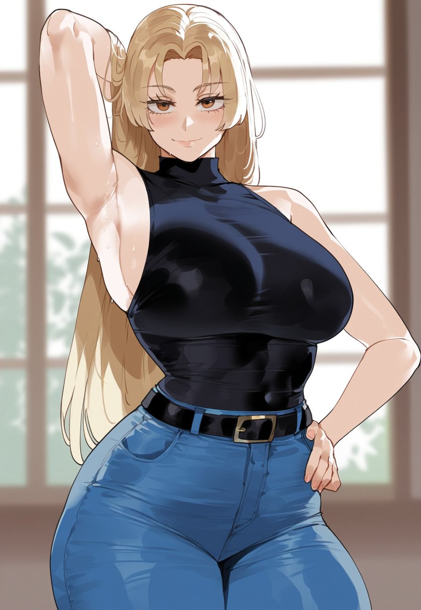 1girls ai_generated armpits ass blonde_hair breasts creamy_ai female fully_clothed huge_ass jeans jujutsu_kaisen large_breasts light-skinned_female light_skin looking_at_viewer pawg sleeveless sleeveless_shirt wide_hips yuki_tsukumo