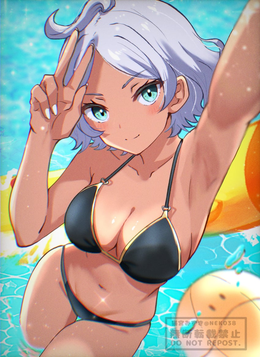 ahoge alternate_costume aqua_eyes armpits arms_up bikini black_bikini breasts cleavage collarbone commentary_request dark-skinned_female dark_skin female grey_hair gundam gundam_suisei_no_majo haro highres large_breasts light_particles looking_at_viewer mizuno374 navel parted_bangs partially_submerged pool secelia_dote selfie short_hair smile solo_focus swimsuit v wading water white_nails