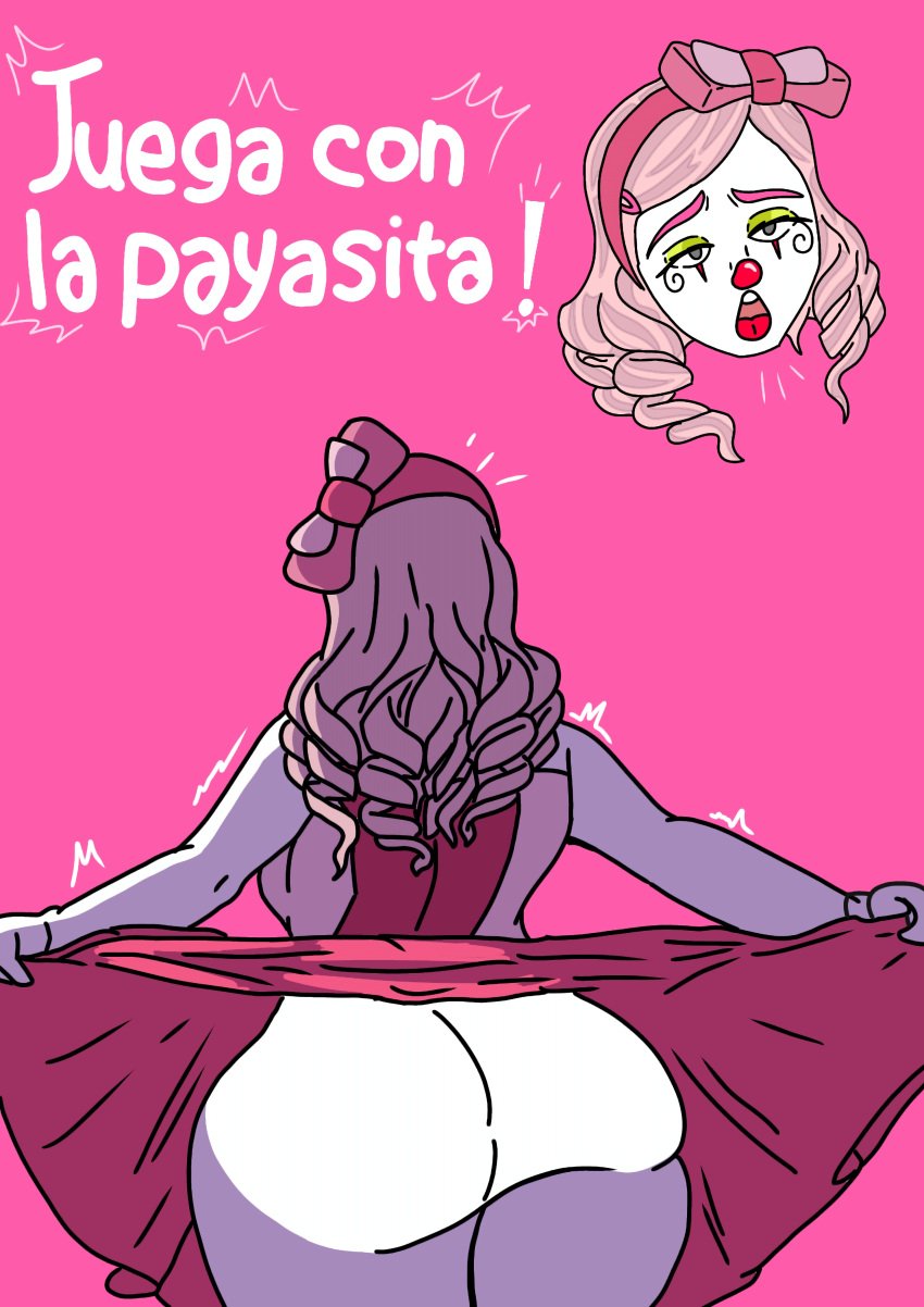 ass_focus big_ass clown_costume clown_girl clown_nose ibispaintx motoanexo pink_hair pixi_payasita spanish_text