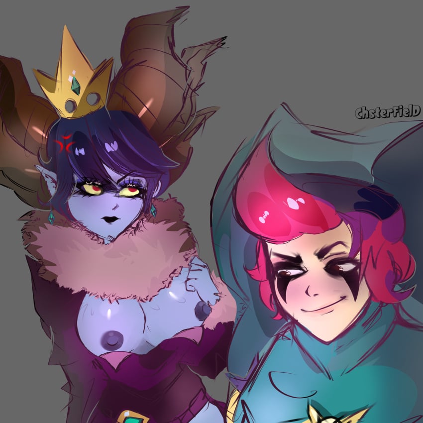 1boy 1girls big_breasts black_lipstick blue_skin brawl_stars breasts breasts_out chester_(brawl_stars) chsterfield crown dress female horns malicious_mandy_(brawl_stars) mandy_(brawl_stars) nipples purple_hair red_eyes red_hair short_hair smile succubus yellow_sclera