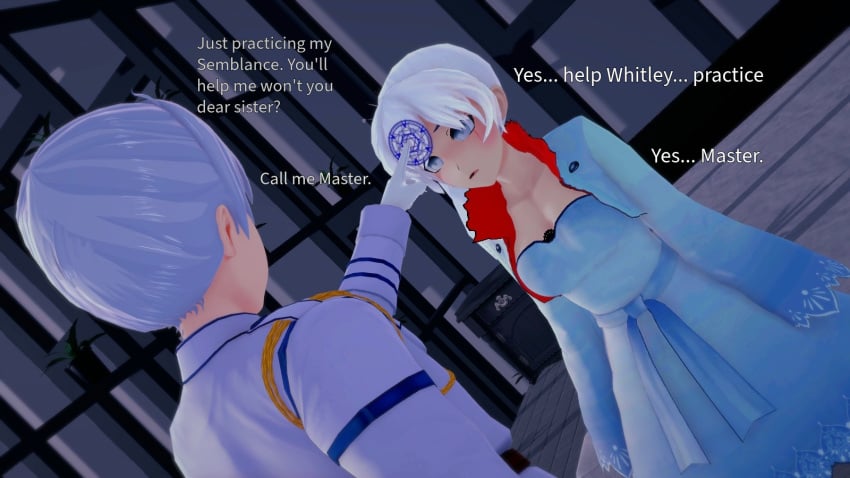 blue_eyes brother_and_sister dress empty_eyes femsub gloves hypnosis koikatsu magic magic_circle maledom mind_control perfect_idiot rwby short_hair text weiss_schnee white_hair whitley_schnee