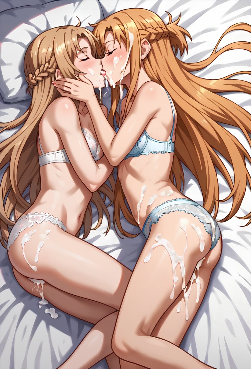 2girls after_sex after_vaginal ai_generated ass asuna bed bed_sheet blue_bra blush bra braid breasts brown_hair bukkake closed_eyes cum cum_in_pussy cum_on_ass cum_on_body cum_on_boy cum_on_breasts cum_on_clothes cum_on_hair cum_on_stomach cum_pool cumdrip ejaculation eyebrows_visible_through_hair facial french_braid french_kiss kissing light_brown_hair long_hair lying medium_breasts multiple_girls navel on_back on_bed on_side panties pillow straight suggestive_fluid sword_art_online underwear underwear_only white_bra white_panties yuuki yuuki_asuna_(sao)