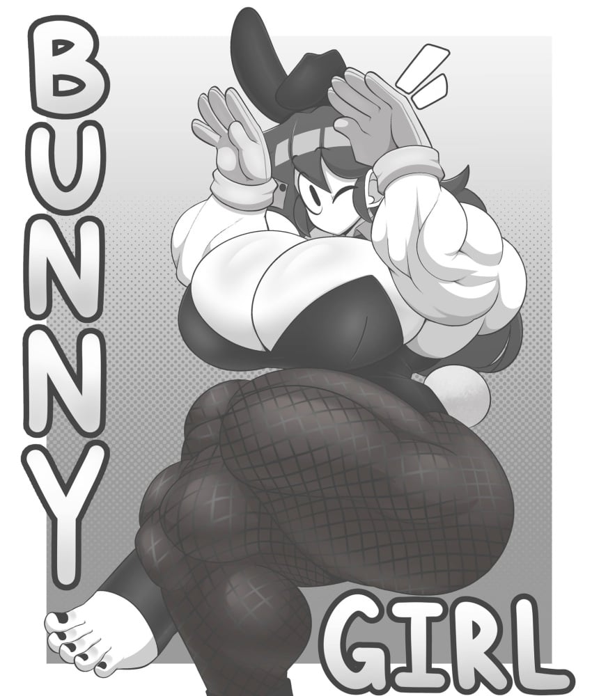 barefoot big_breasts black_hair bunny_ears bunny_girl bunny_pose bunny_suit bunnygirl bunnysuit female female_focus female_only leg_over_leg marie_(tag-a-long) mime mime_girl mouthless mouthless_female muscular muscular_arms muscular_female muscular_legs muscular_thighs original original_art original_artwork sitting tag-a-long white_body white_skin