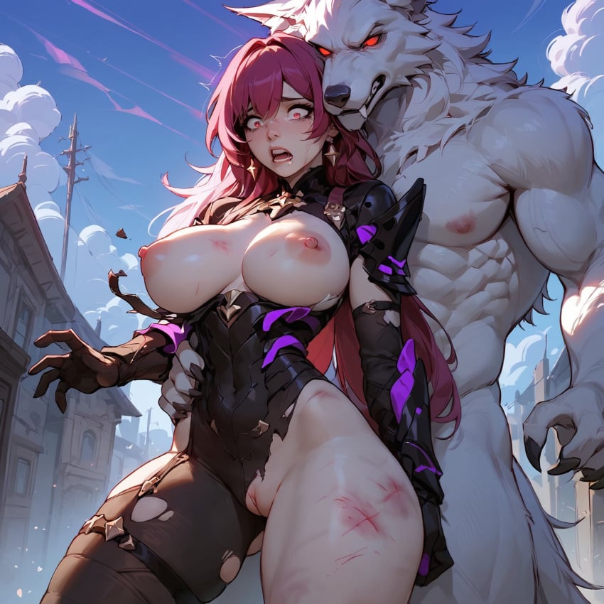 1girls abuse ai_generated anthro_on_human beaten fordring_(artist) honkai:_star_rail imminent_sex kafka_(honkai:_star_rail) large_breasts long_hair male_behind_female muscular naked_male partially_clothed_female partially_nude petite purple_hair pussy red_eyes ripped_clothing scared scratches straight thick_thighs werewolf white_fur