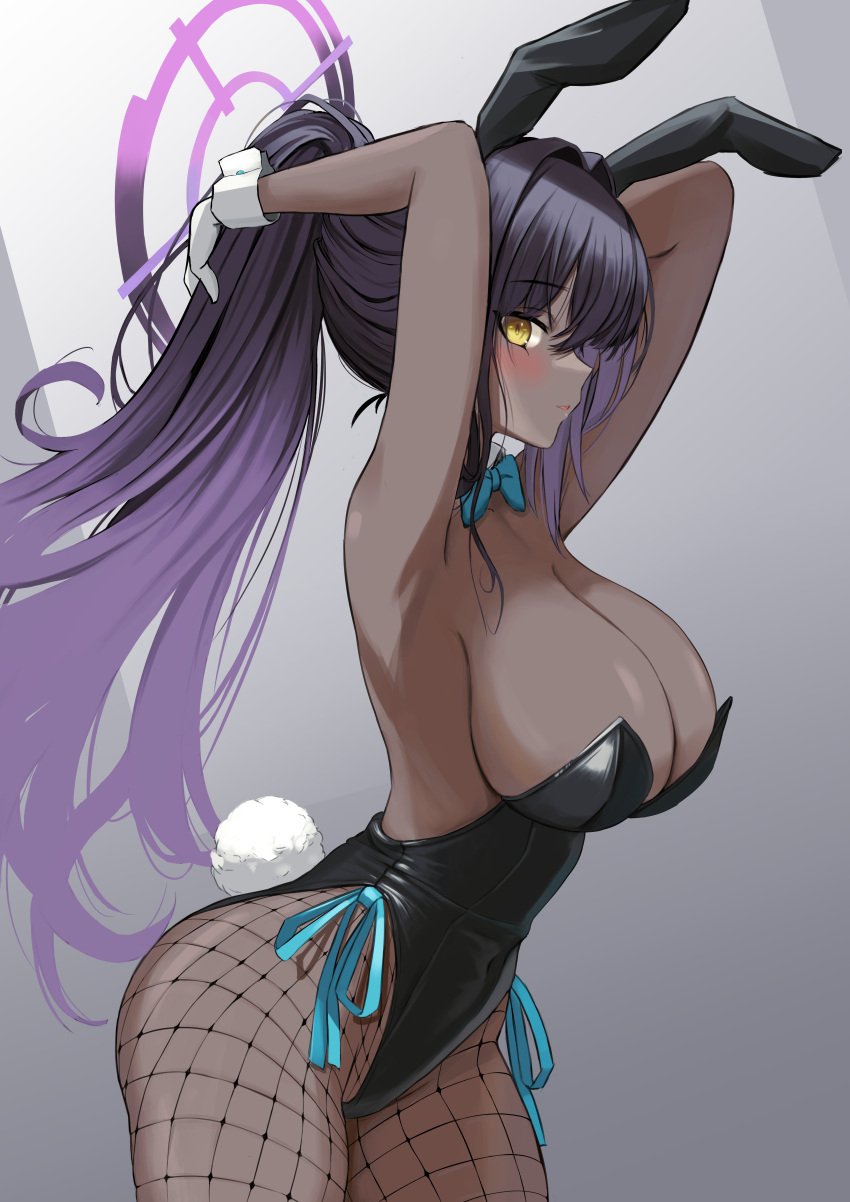 1girls absurdres animal_ears armpits arms_up ass black_hair black_leotard blue_archive blue_bow blue_bowtie blue_ribbon blush bow bowtie breasts cleaning_&_clearing_(blue_archive) closed_mouth commentary_request cowboy_shot curvy dark-skinned_female dark_skin detached_collar fake_animal_ears fake_tail female fishnets gradient_hair grey_background halo high_ponytail highleg highleg_leotard highres huge_ass huge_breasts karin_(blue_archive) karin_(bunny)_(blue_archive) korean_commentary leotard long_hair looking_at_viewer millennium_science_school_student multicolored_hair official_alternate_costume playboy_bunny purple_hair purple_halo rabbit_ears ribbon shiny_clothes shiny_skin simple_background solo tail tying_hair underline_(yuki154cm) very_long_hair wide_hips wrist_cuffs yellow_eyes