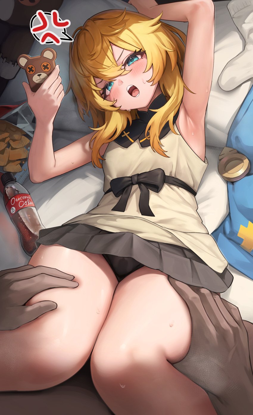 2boys :o absurdres anger_vein angry armpits bare_arms bed_sheet black_panties blonde_hair blue_eyes blue_hoodie blush brand_name_imitation bridget bulge cellphone chips_(food) coca-cola erection erection_under_clothes femboy food gay grey_skirt guilty_gear guilty_gear_strive hair_between_eyes hakusyokuto highres holding holding_phone hood hoodie looking_at_viewer lying male male_focus male_only multiple_boys open_mouth otoko_no_ko panties phone pillow pleated_skirt pov shirt skirt smartphone speech_bubble spoken_anger_vein teeth thick_thighs thigh_grab thighs trap underwear unworn_hoodie white_shirt yaoi