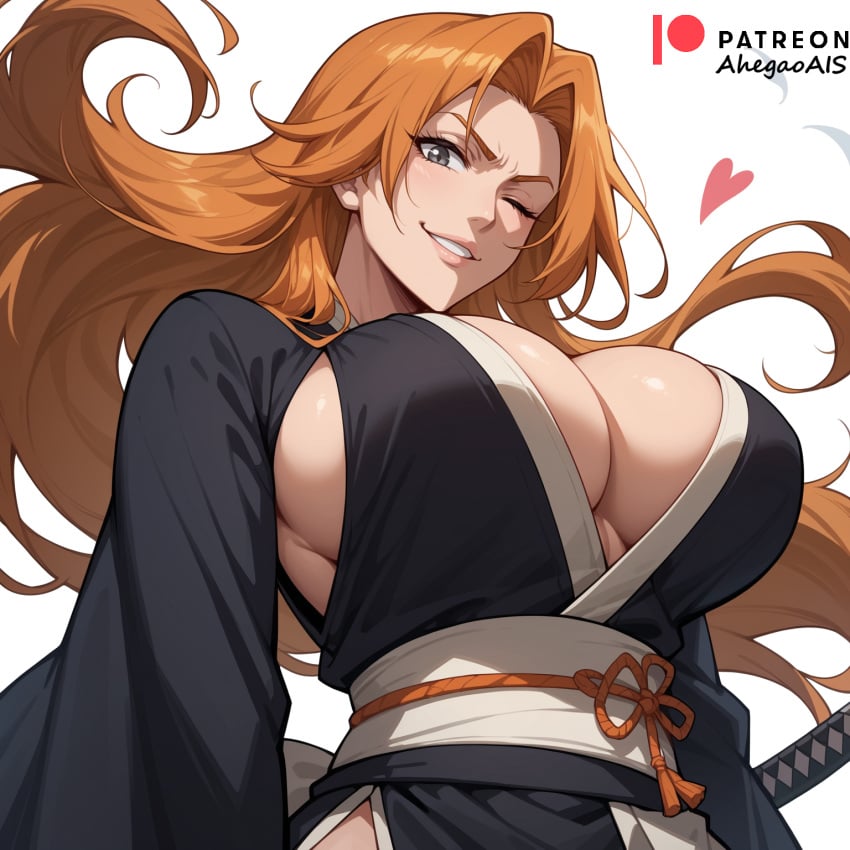 ahegao_ai ai_generated bleach bleach:_sennen_kessen-hen bleach:_the_thousand-year_blood_war grey_eyes grin heart katana kimono large_breasts matsumoto_rangiku matsumoto_rangiku one_eye_closed orange_hair sideboob