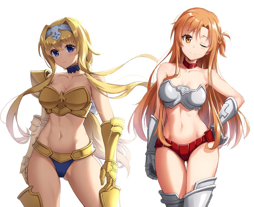 2girls alice_schuberg alluring armor armored_boots athletic_female auburn_hair belt blonde_hair blue_eyes boots brown_hair chestplate female_abs fit_female hairband pangjelly pauldrons shoulder_armor sword_art_online yuuki_asuna