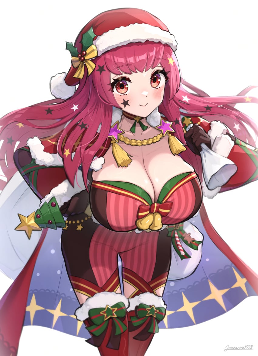 1girls 2d_(artwork) barely_contained_breasts bell big_breasts blush blushing_at_viewer breasts breasts_bigger_than_head cape choker christmas christmas_outfit christmas_tree cleavage cloak eyelashes female female_focus female_only fire_emblem fire_emblem_engage gloves gonzarez gonzarez1938 hand_on_hip hi_res highres huge_breasts large_breasts light-skinned_female light_skin long_hair looking_at_viewer red_eyes red_hair ribbon ribbons sack santa_hat smile smiling_at_viewer star_(symbol) star_sticker sticker_on_face thief thigh_gap white_background yunaka_(fire_emblem)