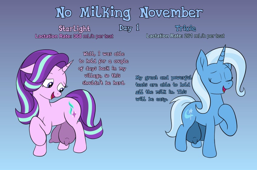 absurd_res big_nipples casual closed_eyes crotchboob cutie_mark duo english_text equid equine female feral friendship_is_magic hasbro hi_res horn mammal meme my_little_pony mythological_creature mythological_equine mythology nipples no_nut_november nudist starlight_glimmer_(mlp) text trixie_(mlp) unicorn wapamario63