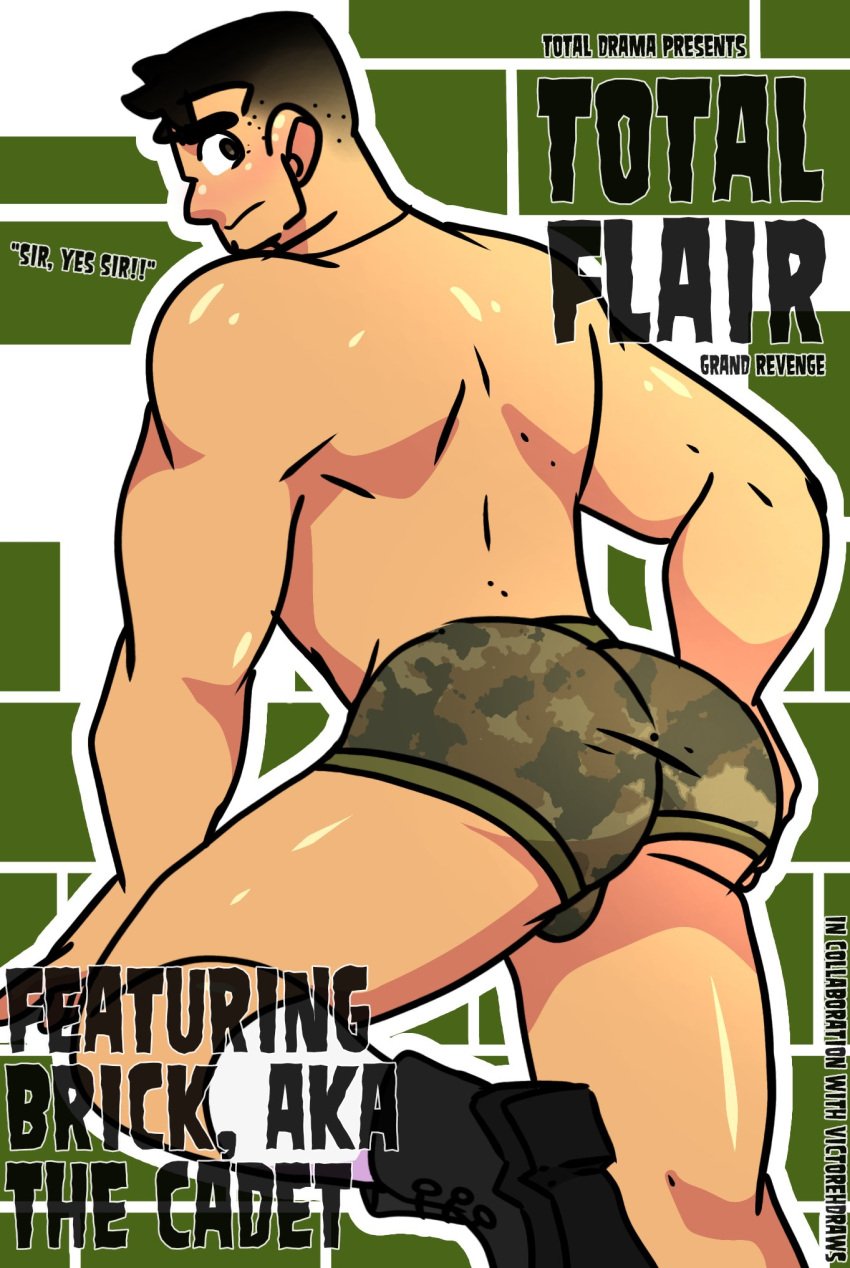 1boy bara big_ass boots brick_(tdi) camo camo_print dialogue gay male male_only nervous shoes_on tagme total_drama:_revenge_of_the_island total_drama_island underwear underwear_only victoreh_draws