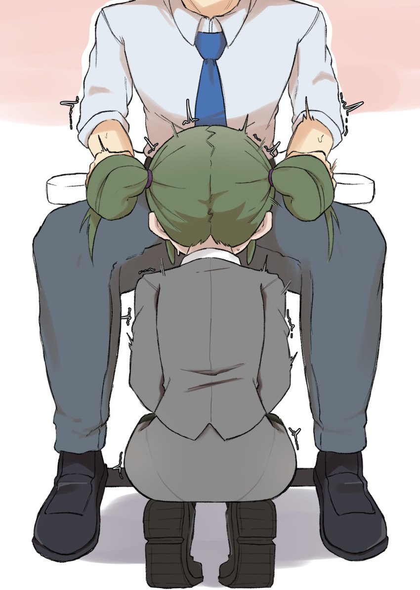 1boy alternate_hairstyle ass female formal_clothes green_hair height_difference highres igarashi_futaba_(shiromanta) implied_fellatio kazama_souta long_hair necktie office_lady salaryman senpai_ga_uzai_kouhai_no_hanashi simple_background spread_legs squatting straight suit twintails white_background zlix0n