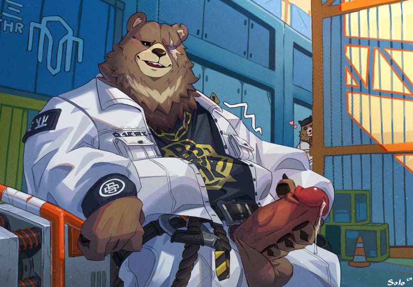 absurd_res anthro bear ben_bigger bodily_fluids brown_body brown_fur chain_necklace clothing construction_site container detailed_background duo erection eye_scar facial_scar fur genital_fluids genitals heart_symbol hi_res humanoid_genitalia humanoid_penis jacket jewelry kerchief male male_only mammal masturbation mihoyo necklace notched_ear peek peeking_around_corner penis pepper_(zenless_zone_zero) precum scar sitting slightly_chubby smile smiling_at_viewer solo_focus solothewolf topwear zenless_zone_zero