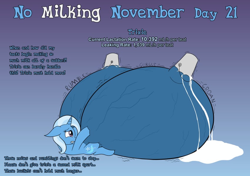 absurd_res big_nipples bucket container crotchboob english_text equid equine female feral friendship_is_magic hasbro hi_res horn huge_nipples hyper hyper_teats immobile leaking_milk mammal meme my_little_pony mythological_creature mythological_equine mythology nipples no_nut_november solo swollen_teats text trixie_(mlp) unicorn veiny_teats wapamario63