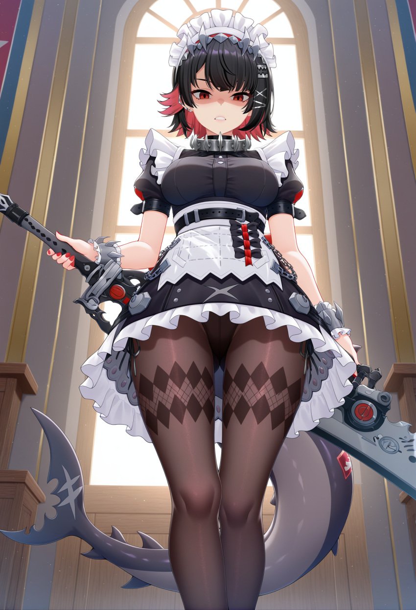 ai_generated black_hair breasts colored_inner_hair degenbrecher ellen_joe maid medium_hair panties pantyhose shaded_face sword zenless_zone_zero