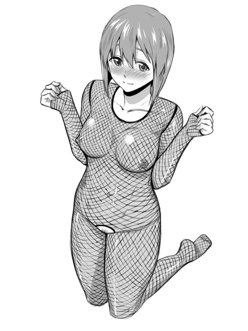 blush bodysuit breasts crotchless_clothes female fishnet_bodysuit fishnets greyscale hagiwara_yukiho highres humiyou idolmaster kneeling light_smile looking_at_viewer medium_breasts monochrome nipples pubic_hair short_hair sketch solo