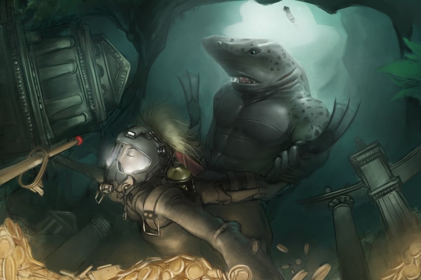 1boy 1girls 2015 5_fingers abs ambiguous_penetration anthro anthro_on_human armor blonde_hair bodysuit closed_eyes clothed clothed/nude clothed_female_nude_male clothing coin crown detailed_background diver diving duo female female_human female_on_anthro femsub fish fishman flippers from_behind_position gills gold_(metal) gold_coin grey_skin hair helmet human human_on_anthro interspecies leg_grab light_skin low-angle_view male male/female male_anthro male_anthro/female_human male_penetrating maledom mammal marine muscular muscular_male nude oxygen_tank pecs penetration ruins sex shark sharp_teeth spots spotted_skin straight teeth tight_clothing treasure underwater underwater_sex water zomacaius