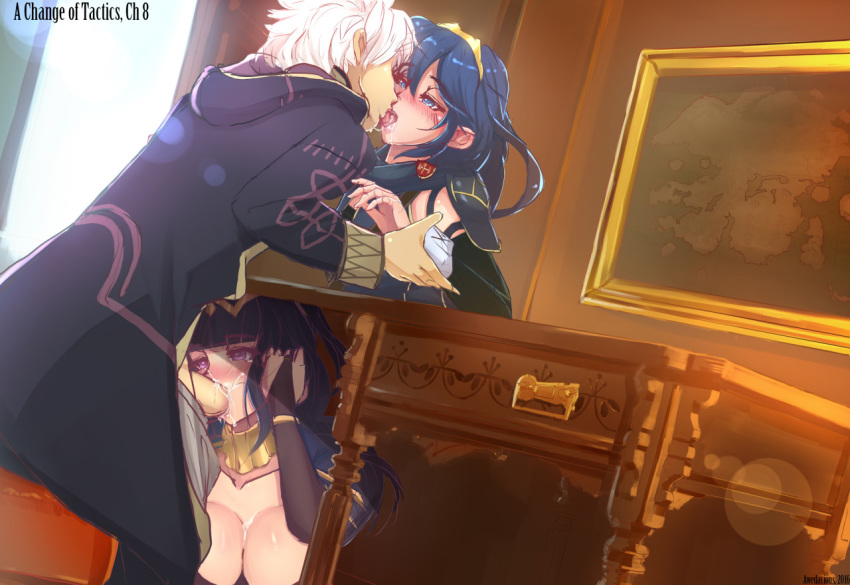 1boy 2girls awedacious black_hair blue_eyes blue_hair blunt_bangs blush bodystocking breasts bridal_gauntlets clothed_female clothed_sex cum cum_in_mouth cum_inside desk dominant_female fellatio ffm_threesome fire_emblem fire_emblem_awakening french_kiss irrumatio kiss kissing lucina_(fire_emblem) multiple_girls nipples oral robin_(fire_emblem) robin_(fire_emblem)_(male) saliva silver_hair stealth_fellatio stealth_oral submissive_male tharja_(fire_emblem) threesome tiara tongue tongue_out under_table under_the_table