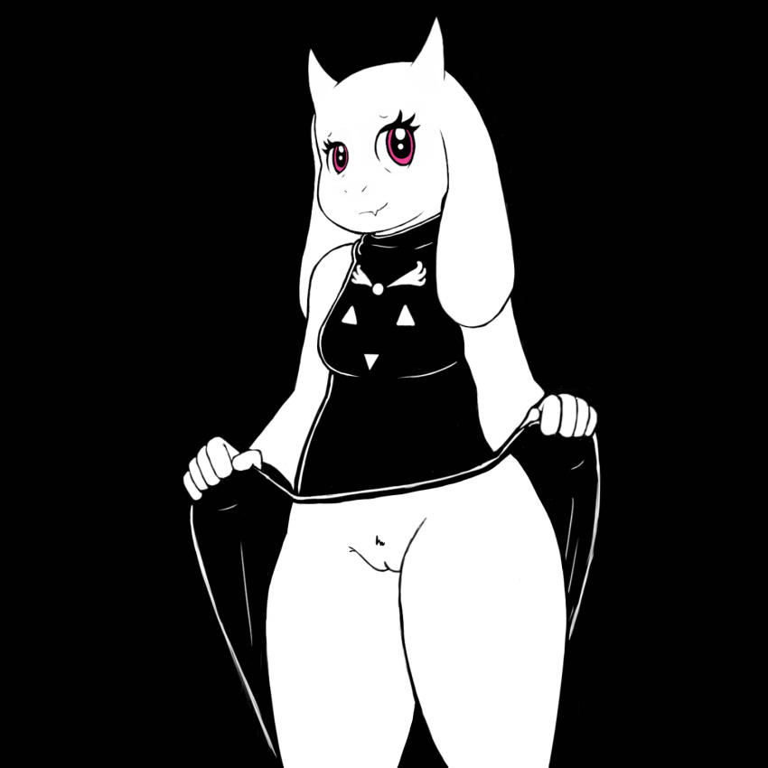 1girls breasts clothing dress female female_only furry knullox larrybay2 looking_at_viewer mammal nude partially_colored pink_eyes presenting pubic_hair pussy simple_background thick_thighs toriel undertale upskirt video_games wide_hips