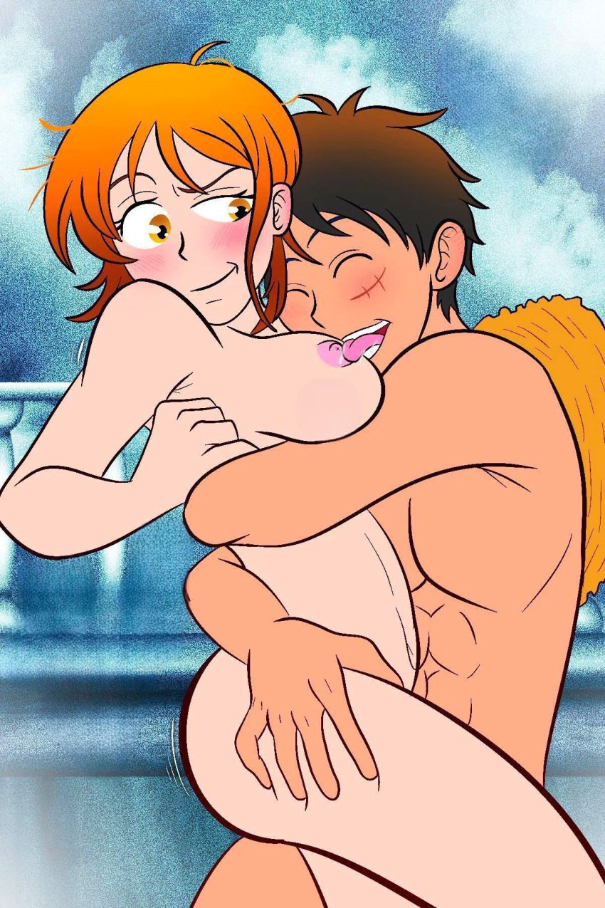 1boy 1boy1girl 1girls ass big_breasts blush curvy curvy_body curvy_female fat_ass female flores licking_nipples male monkey_d_luffy nami nami_(one_piece) nipples nude one_piece orange_hair saliva sex smile smiley_face thick_thighs wide_hips zantinaa