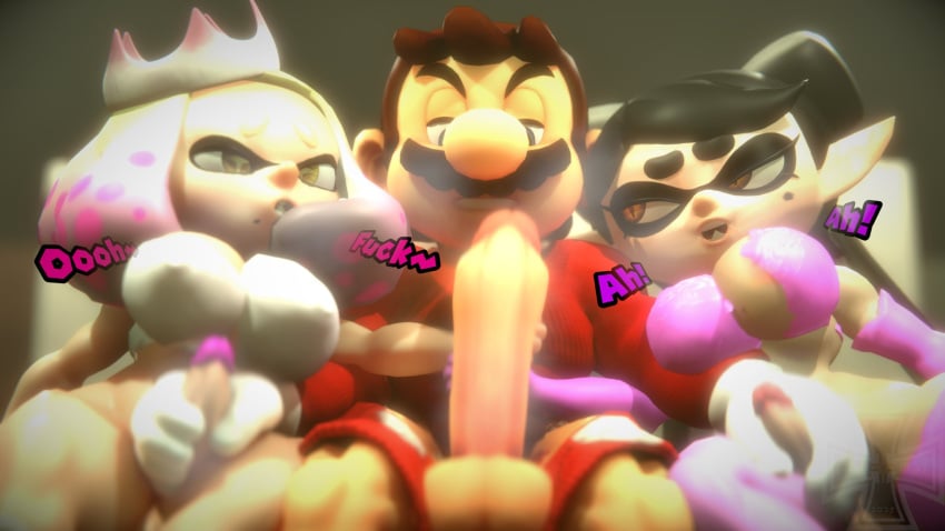 1boy 2futas 3d 3d_(artwork) balls big_penis black_hair breasts brown_hair callie_(splatoon) cephalopod cephalopod_humanoid crossover dialogue erection facial_hair futanari genitals gigantic_penis gloves handjob hands_on_penis huge_cock human humanoid idiotboxangel large_penis light-skinned_male light_skin male male/futa male_on_futa mario mario_(series) moustache nintendo open_mouth pearl_(splatoon) penis red_shirt red_shorts shirt shorts sitting splatoon squid squid_humanoid stroking_penis testicles text