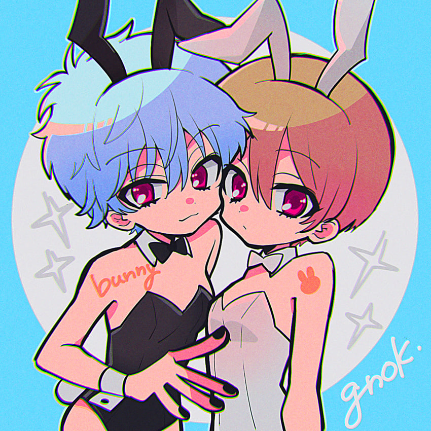 2boys alternate_costume black_nails blue_background blue_hair bowtie brown_hair bunny_boy bunny_ears bunnysuit crossdressing detached_collar femboy gintama gintoki_sakata light_blue_hair light_brown_hair looking_at_viewer male male_only male_playboy_bunny nail_polish okita_sougo pink_eyes red_eyes short_hair smile tadaysxx twink white_hair