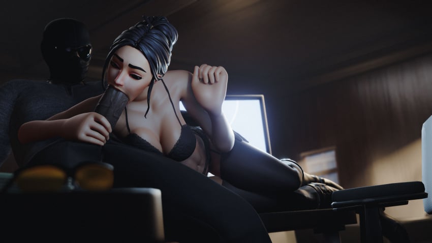 3d asian_female big_breasts big_penis black_bra black_lingerie blowjob fortnite hairbun macklesternsfw office_clothing office_lady office_sex pantyhose rook_(fortnite) table_sex