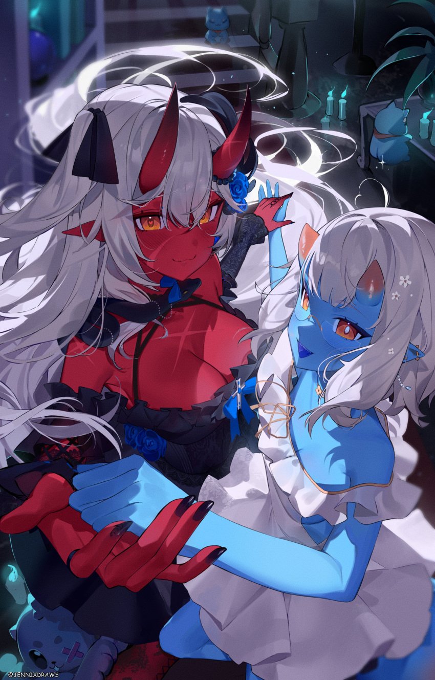 2girls ahoge akumi bangs bare_shoulders blue_skin breasts cleavage collarbone demon_girl fingernails hair_between_eyes hair_ribbon holding_hands horns indoors jewelry large_breasts long_hair long_sleeves looking_at_viewer lying multiple_girls nail_polish oni oni_horns orange_eyes pointy_ears red_eyes red_oni red_skin ribbon short_hair skin-covered_horns smile streaked_hair virtual_youtuber vyugen white_hair yellow_eyes