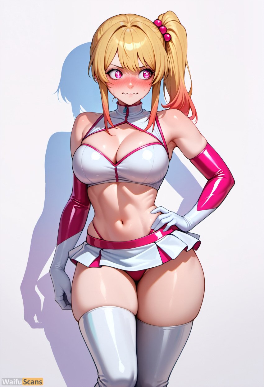 ai_generated artist_name bangs bare_shoulders blonde_hair blush breasts cleavage cleavage_cutout closed_mouth clothing_cutout cowboy_shot crop_top elbow_gloves embarrassed female gloves gradient gradient_hair hair_bobbles hair_ornament hand_on_hip high_resolution highleg highleg_panties highres hoshino_ruby large_breasts long_hair looking_away looking_to_the_side microskirt midriff miniskirt multicolored_hair navel nose_blush oshi_no_ko panties pink_eyes pink_hair pink_panties red_panties shadow shiny shiny_skin side_ponytail sidelocks simple_background skindentation skirt sleeveless solo stable_diffusion standing stomach thighhighs thighs underwear waifuscans418 white_background white_gloves white_skirt white_thighhighs