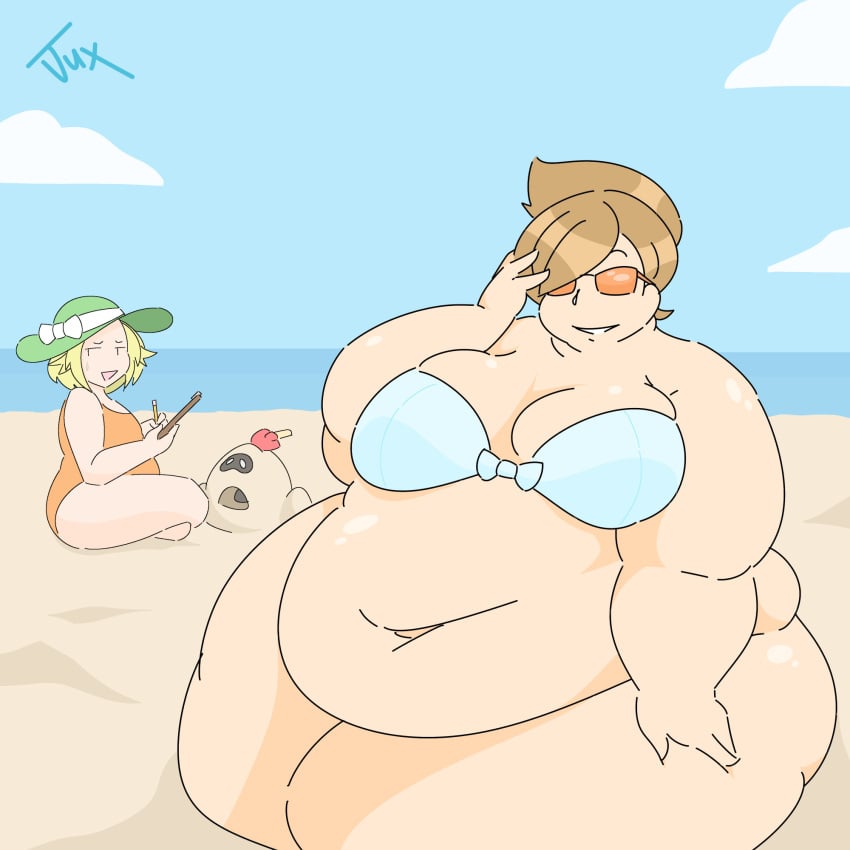 araragi_(pokemon) bbw beach belly_overhang bianca_(pokemon) big_belly big_breasts big_butt bikini blonde_hair brown_hair chubby chubby_face chubby_female chubby_human double_chin fat fat_folds flabby_arms flabby_legs green_hat hand_on_hair juxtaposedpunk notepad obese obese_female obese_human one-piece_swimsuit orange_sunglasses overweight overweight_female overweight_human pencil pokemon sand seductive_grin ssbbw thick_thighs wide_hips