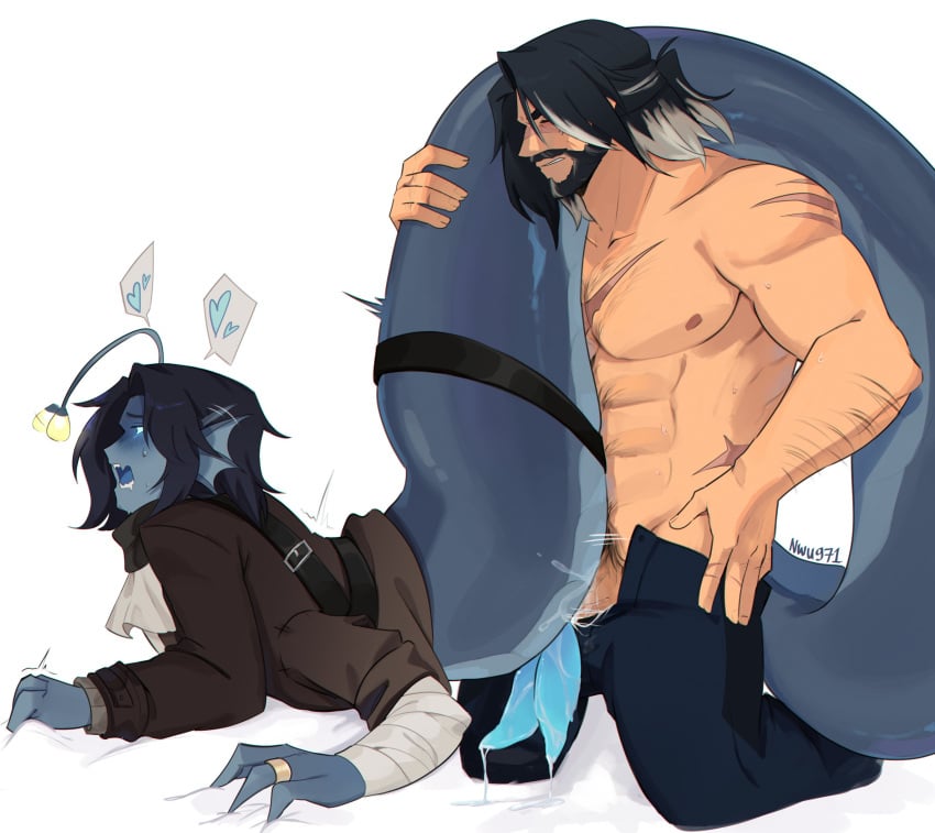 2_penises 2boys anonymous_male backshots bandaged_arm beard black_beard black_belt black_hair blue_blush blue_eyes blue_heart blue_pants blue_penis blue_skin blue_tongue blush blush_lines blushing_male brown_jacket brown_scarf closed_eyes digital_media_(artwork) diphallia diphallism duo ear_fins fins gay gay_sex gold_ring gripping_sheets hair_up heart heart_symbol herm hermaphrodite human human_male human_on_male human_penetrating human_penetrating_monster human_with_monster intersex intersex/male jabot jacket lure_(anatomy) male/intersex male/male male_human male_monster medium_hair merfolk merman monster monster/human monster_boy monster_male monster_penetrated muscular_male nwu971 oc oc_x_canon ocxcanon original_character pants_open penis penis_in_pussy penis_out penis_out_of_pants precum precum_drip pressure_(roblox) pubic_hair ring_(jewelry) roblox roblox_game scar_on_chest scar_on_nose scarf sebastian_solace sharp_teeth sheet_grab sheets short_hair simple_background sweatdrop sweating sweaty sweaty_body tail_on_shoulder tail_over_shoulder watermark white_background white_hair white_hair_on_black_hair white_sheets yaoi