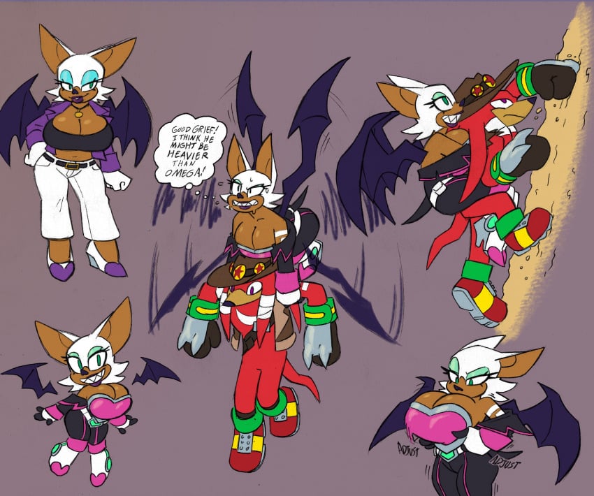 bat bat_nose bat_wings big_breasts black_and_pink boots busty_female captainmolasses climbing cowboy_hat dark-skinned_female eyeshadow fan_design flying heels jacket_open knuckles_the_echidna laying_on_back lipstick red_fur rouge_the_bat sfw sharp_claws sonic_(series) sonic_ova sonic_the_hedgehog_(series) the_murder_of_sonic_the_hedgehog thick_thighs white_pants