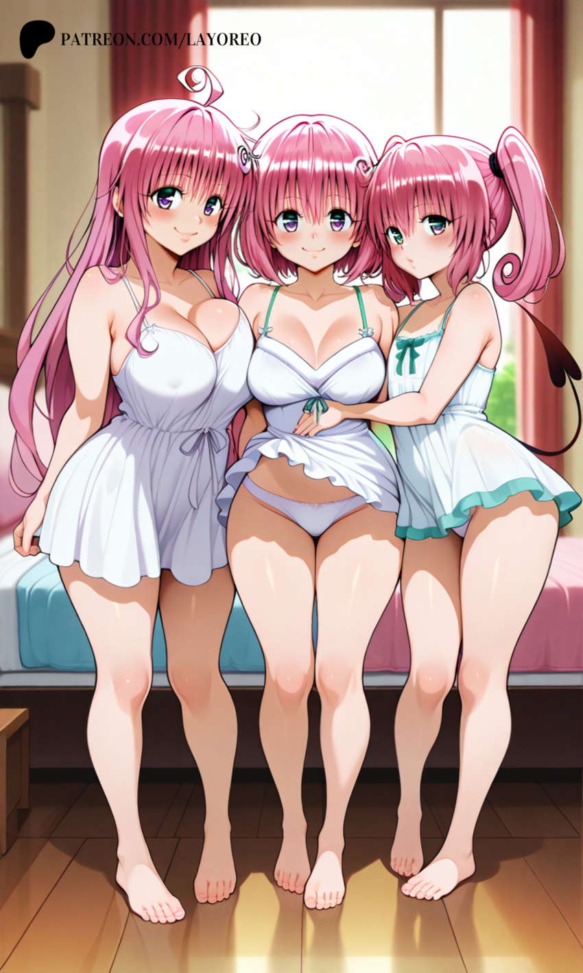 3girls ai_generated clothing feet flat_chest lala_satalin_deviluke large_breasts lay-oreo legs looking_at_viewer medium_breasts momo_velia_deviluke nana_asta_deviluke nightgown panties pink_eyes pink_hair small_breasts standing succubus_tail tagme tail to_love-ru