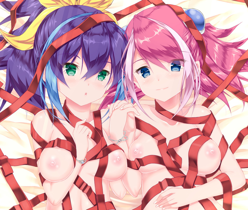 2girls blue_hair blush bow bracelet bracelet_girls breasts calcio hairbow highres hiiragi_yuzu holding_hands hug jewelry multicolored_hair multiple_girls naked_ribbon nude pink_hair ponytail ribbon serena_(yu-gi-oh!_arc-v) siblings sisters tied_hair twins twintails two_tone_hair waist_hug yu-gi-oh! yu-gi-oh!_arc-v