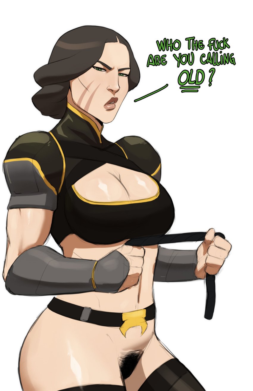 1girls 5_fingers avatar_the_last_airbender belly belt big_breasts bottomless bracelet breasts bush bust busty cleavage clothes clothing color colored covered_breasts dialog dialogue earth_kingdom english english_text facial_scar female female_focus female_only female_pubic_hair gauntlets green_eyes grey_hair hair hairy_pussy half-closed_eyes hands_up human human_only large_breasts legs legwear light-skinned_female light_skin lin_bei_fong long_hair looking_at_viewer midriff naavs navel nickelodeon no_panties no_underwear nude nude_female nudity open_eyes parted_lips plain_background pubes pubic_hair pussy scar scars shiny shiny_skin shoes short_hair smooth_skin solo solo_female solo_focus standing stockings tagme talking_to_viewer teeth text the_legend_of_korra thick_lips thigh_highs thighhighs thighs uncensored undressing vagina white_background